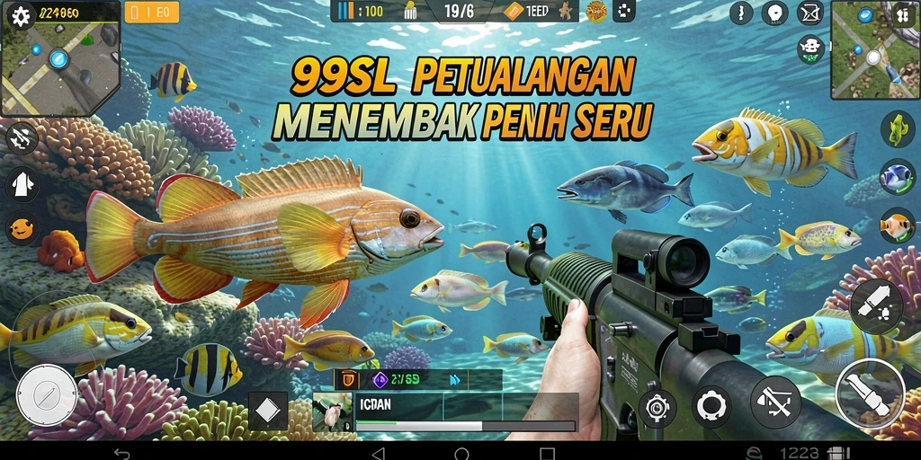 Screenshot gameplay 99SL menampilkan aksi menembak ikan yang seru.