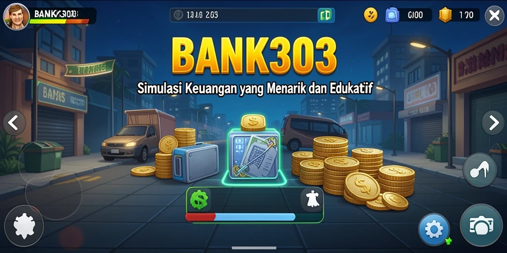 Screenshot utama BANK303 menampilkan gameplay simulasi perbankan yang mendidik.