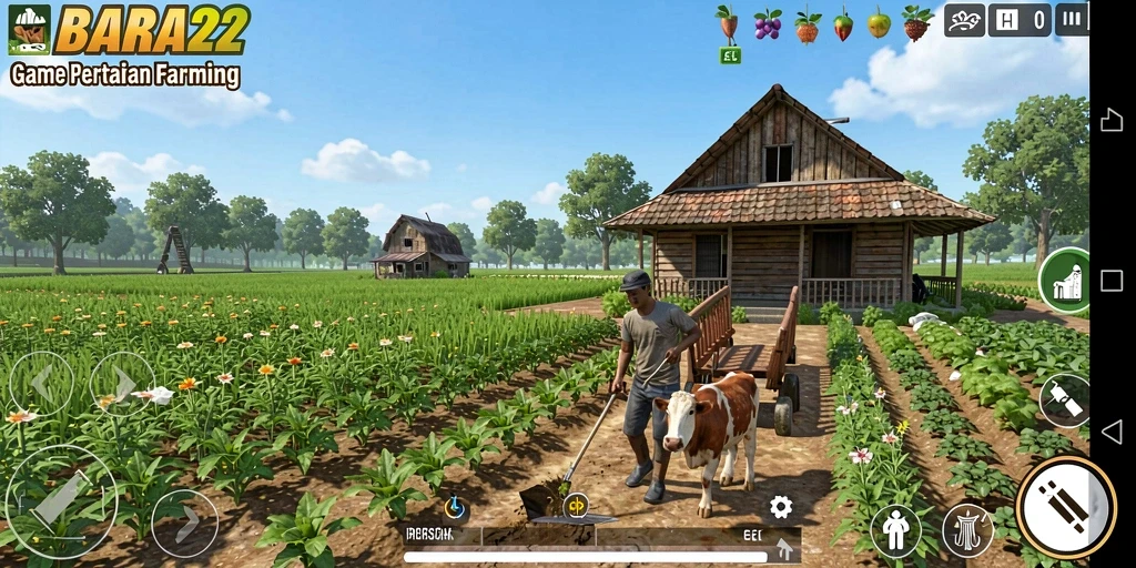 Screenshot gameplay BARA22 yang menarik dengan kebun hijau subur.