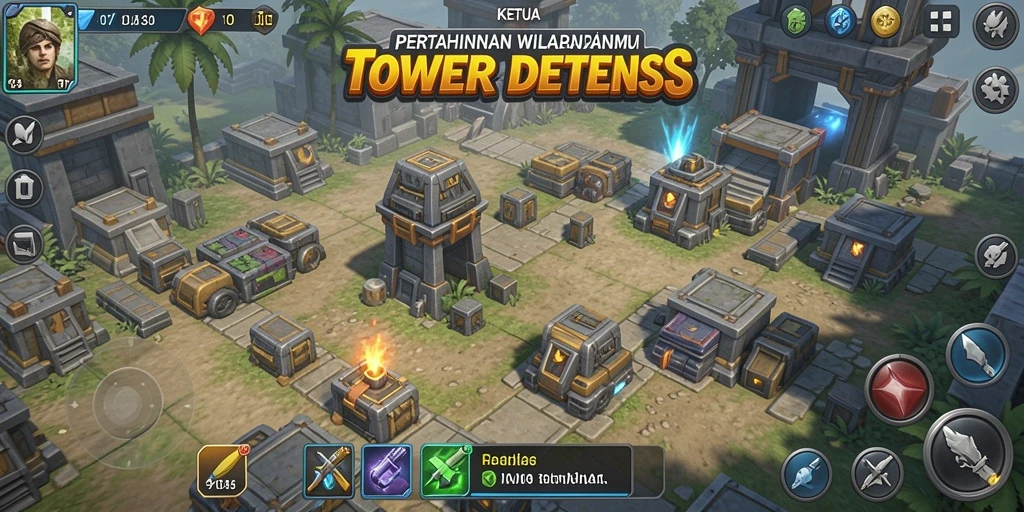 Tangkapan layar KETUA menampilkan aksi seru dalam pertempuran Tower Defense.