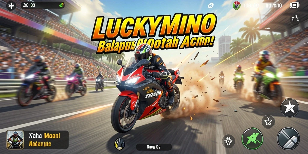 Gameplay seru LUCKYMINO dengan balapan motor yang mendebarkan.