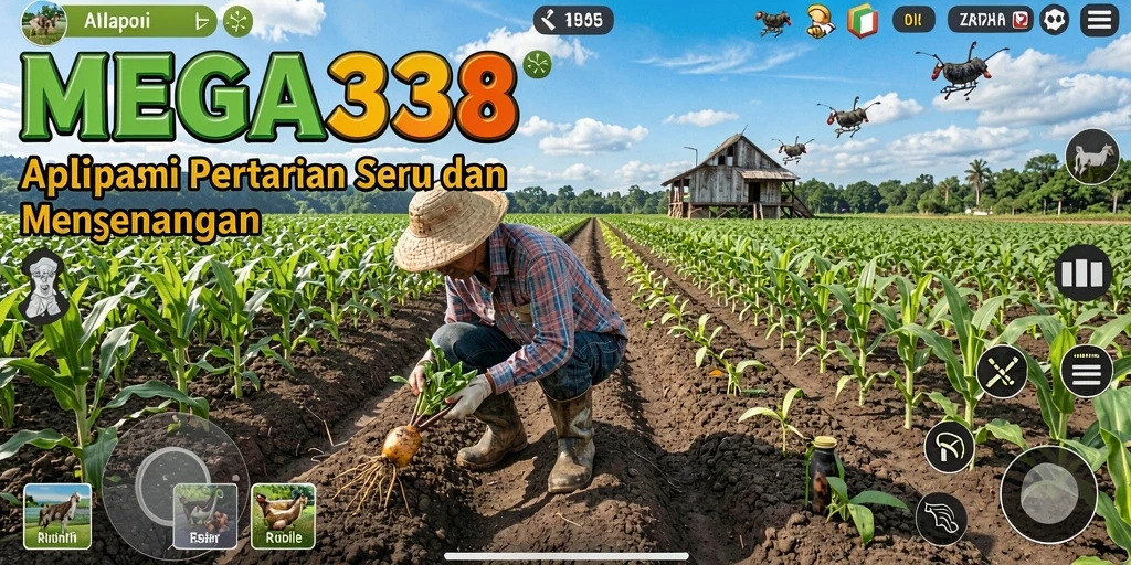 Screenshot gameplay <strong>MEGA338</strong> yang menunjukkan ladang hijau dan hasil panen.